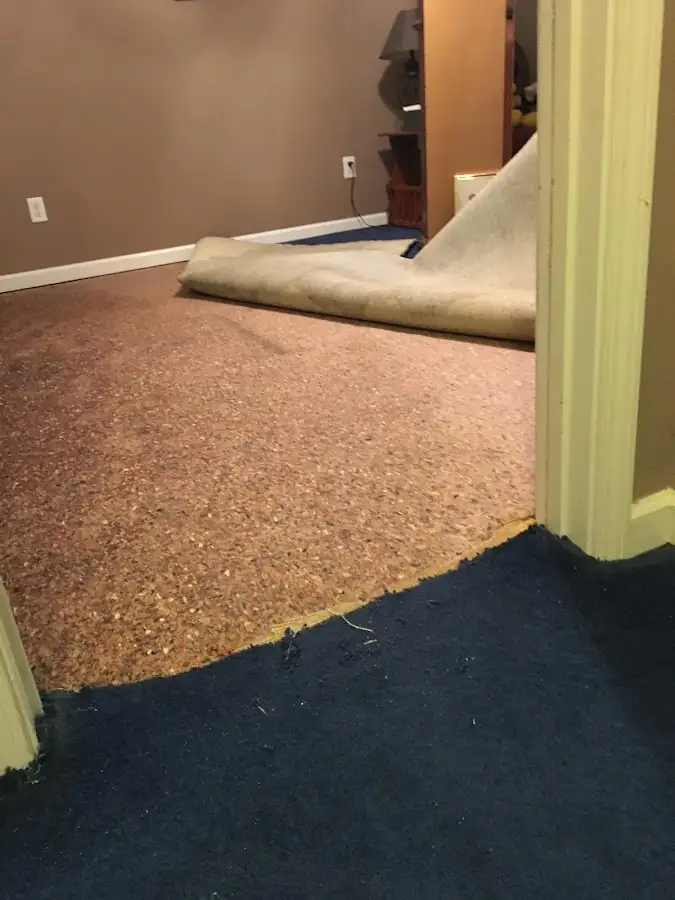 Carpet pad removal revealing water damage during Water Mitigation Services in Grove City